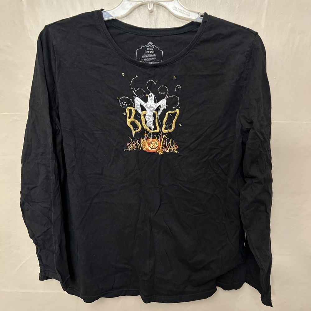 Women's 2X Black T Shirt‎ Top Embroidered Ghost Boo